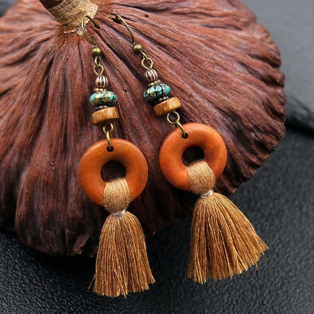 *MAVIS* Round Wood x Tan Tassel Fashion Earrings